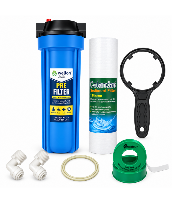 Wellon Blue Pre Filter Housing Combo Kit with 5 Micron PP Spun Filter, Housing Spanner, 3/8" x 1/2" Elbow Connectors & 2 Meter 3/8" Pipe | Heavy Duty Water Purifier Pre Filter Set  